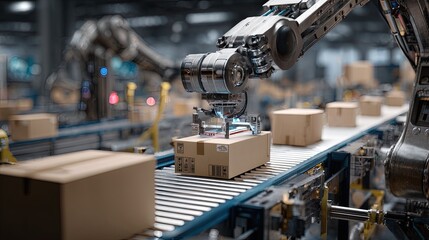 AI automation Advanced humanoid robot analyzing and sorting packages on a conveyor belt system in an industrial setting