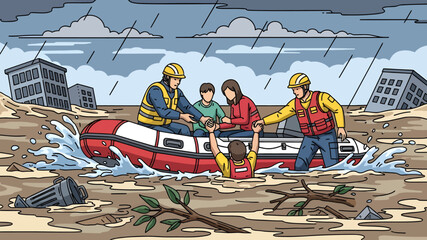 Rescuers Saving Family from Flood in City - Disaster Assistance