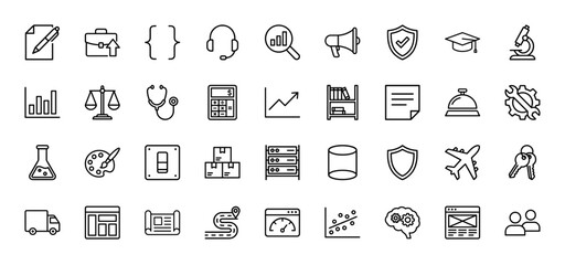 Business, finance, education, and technology line icon set. Vector pictograms of a briefcase, headset, microscope, graph, and server rack, thin linear illustration.