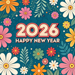 Seamless pattern with flowers on 2026 Happy new year background, Happy new year 2026 with colorful flower,  Abstract geometric design, Concept for holiday greeting card, poster, banner, flyer.
