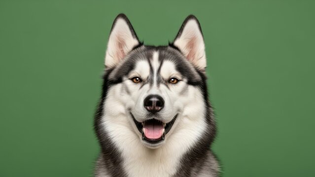 Husky dog smiling on green background — ideal for pet care, veterinary and dog training content.