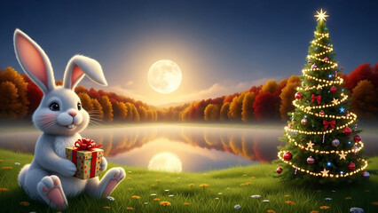 easter bunny in the grass, Cute rabbit holds gift box, full moon shines over lake. Autumn landscape, night sky full of stars. Peaceful nature scene with warm