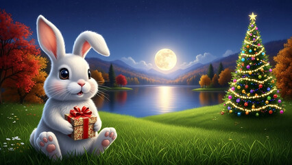 easter bunny in the grass, Cute rabbit holds gift box, full moon shines over lake. Autumn landscape, night sky full of stars. Peaceful nature scene with warm