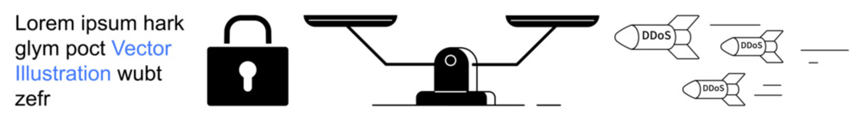 Cybersecurity, justice, data protection, legal systems, threats, peace. Black lock, scales and missiles in motion. Cybersecurity and justice conceptual illustration focused on security and balance