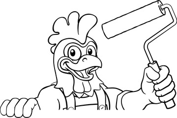 A chicken or rooster painter decorator handyman cartoon construction man mascot character holding a paint roller tool