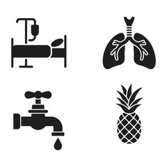A set of black silhouette icons isolated on featuring a hospital bed, lungs, a water tap, and a pineapple, each representing different concepts