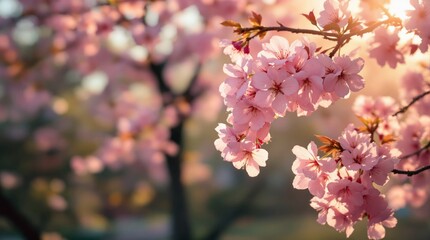 Fototapeta premium Pink Cherry Blossoms Bathed In Golden Sunlight. japanese patterns 