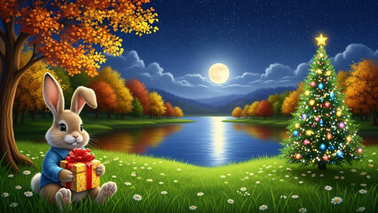 easter bunny in the grass, Cute rabbit holds gift box, full moon shines over lake. Autumn landscape, night sky full of stars. Peaceful nature scene with warm