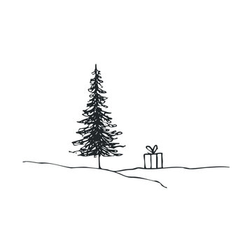 Rough sketch of a small gift next to a tall pine tree.