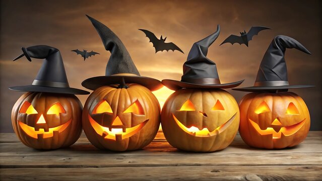 Four spooky jack o lanterns wearing witch hats on wooden table