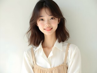 Joyful Young Asian Woman with Natural Makeup Smiling at Camera in Minimalist Setting