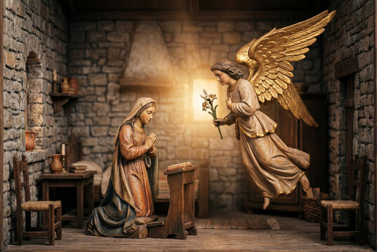 The Annunciation scene with the Archangel Gabriel visiting the Virgin Mary. A religious depiction with divine light, sculpted figures, and a lily flower.