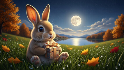 easter bunny in the grass, Cute rabbit holds gift box, full moon shines over lake. Autumn landscape, night sky full of stars. Peaceful nature scene with warm