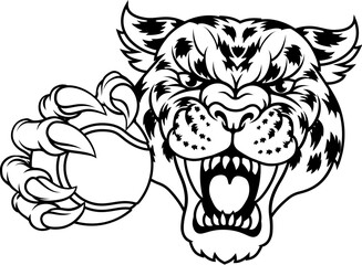 A jaguar, panther, leopard or cheetah wildcat spotted cat tennis sports team mascot holding a ball