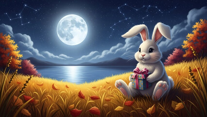 easter bunny in the grass, Cute rabbit holds gift box, full moon shines over lake. Autumn landscape, night sky full of stars. Peaceful nature scene with warm