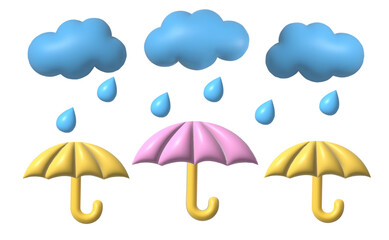 3d plastic style water rain droplets  background with umbrellas, vector illustration. Rainy day 