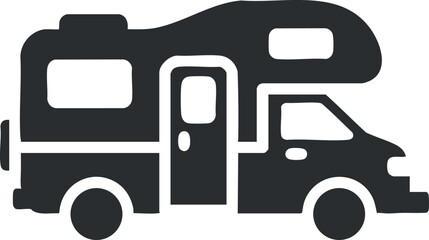 Minimalist black and white vector illustration of an RV camper vehicle for travel and adventure designs
