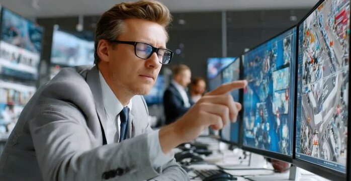 Smart Surveillance Expert: An expert in a well-lit control room, his focus on advanced monitoring systems, high-tech operation, and professional analytics.