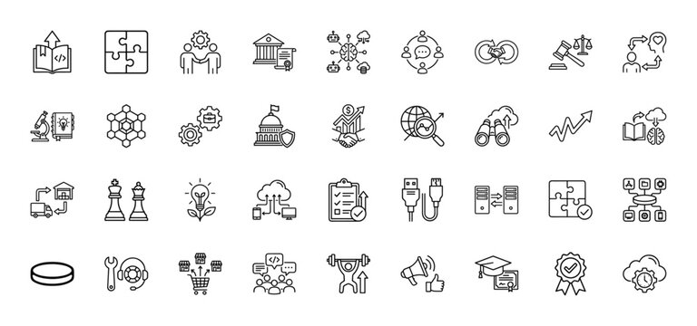 Business and technology line icon set. Vector pictograms of handshake, brain, cloud, gears, legal, strategy, education, and puzzle, thin linear illustration.