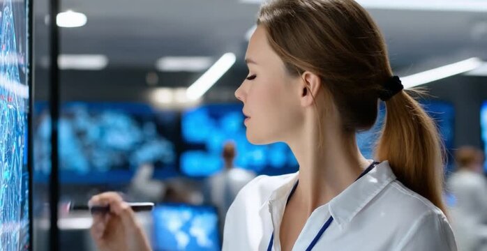 Data Analyst Analyzing Charts: An astute data analyst, immersed in the digital realm, meticulously examines intricate charts on a touch screen display, a pen in hand, focusing intently.