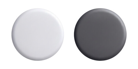 Round 3D push button mockup of white and black color isolated on white. Monochrome plastic circle for badge pin or fridge magnet in realistic style. Empty vector template for branding or icon design.