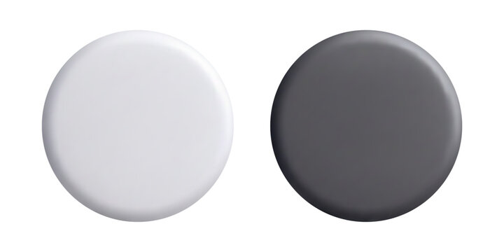 Round 3D push button mockup of white and black color isolated on white. Monochrome plastic circle for badge pin or fridge magnet in realistic style. Empty vector template for branding or icon design.