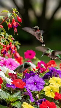 A breathtaking vertical shot captures three vibrant hummingbirds gracefully hovering amidst a lush garden brimming with a diverse array of colorful flowers. Delicate fuchsias and petunias in rich shad