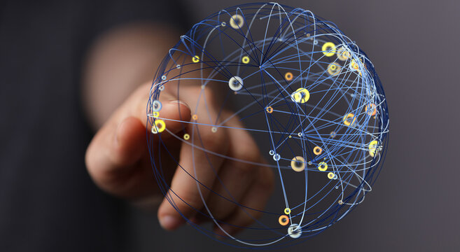 Abstract image of a global network represented by a glowing sphere with connecting lines being touched by a finger, symbolizing conne