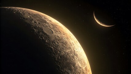Dramatic closeup of a heavily cratered, sunlit planet or moon surface viewed from space with a smaller crescent celestial body visible in the dark background