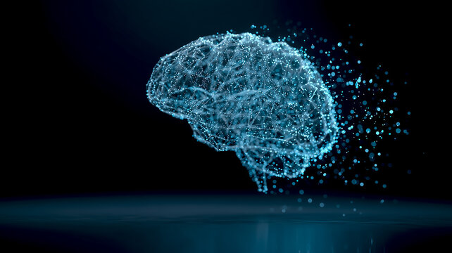 Abstract digital brain composed of glowing neural connections and particle networks, representing artificial intelligence, machine learning and advanced technology, on a dark futuristic background