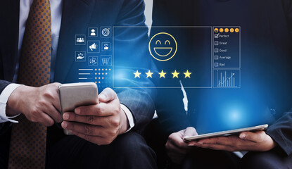 Customer feedback and satisfaction rating system showing star review, happy face, performance...