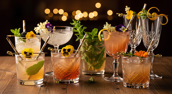 A row of artisan summer cocktails garnished with edible flowers and herbs on a rustic wooden bar with warm bokeh lights.