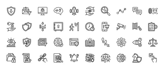 Fototapeta premium Cyber security and data privacy line icon set. Vector pictograms of shield, lock, firewall, biometrics, gdpr, safe, cctv, fingerprint, thin linear illustration.