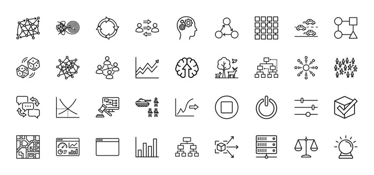 Data science and strategy line icon set. Vector pictograms of algorithm, network, flowchart, hierarchy, statistics, prediction, and logic, thin linear illustration.