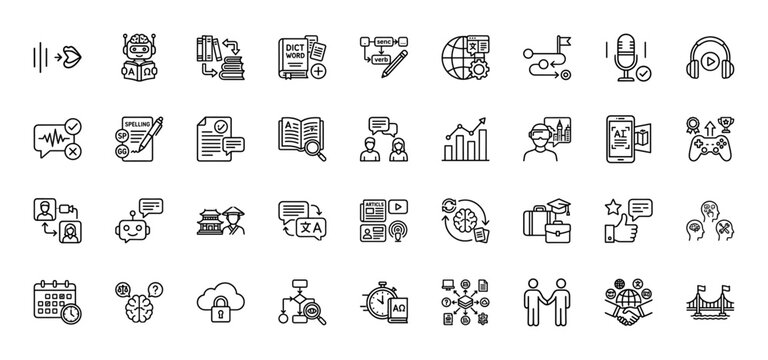 Language learning and translation line icon set. Vector pictograms of robot, dictionary, microphone, headphones, speech bubble and brain, thin linear illustration.