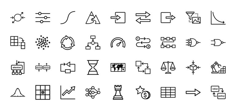 Machine learning and artificial intelligence line icon set. Vector pictograms of attention, flowcharts, data, and algorithms, thin linear illustration.