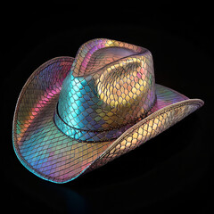 Cowboy hat with led lights on a black background, Iridescent cowboy hat with snake skin texture, Fashionable hat, A shiny hat with a light shining, Close-up of a cowboy hat.