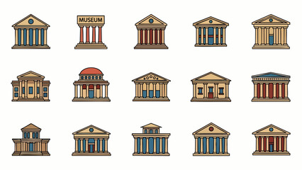 Naklejka premium A diverse collection of classical architectural icons, depicting various government buildings, museums, and temples, rendered in a clean, colorful line art style.