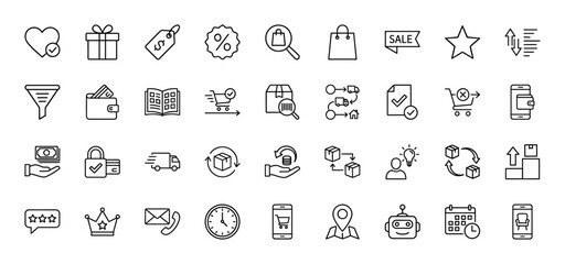 E-commerce and shopping line icon set. Vector pictograms of delivery, payment, return, shopping cart, and customer support, thin linear illustration.