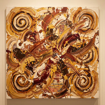 Pintura abstracta con espirales y brochazos en tonos tierra