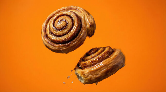 Roles de canela glaseados en ca&iacute;da sobre fondo naranja