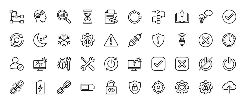 System management line icon set. Vector pictograms of process, data, security, settings, and power symbols, thin linear illustration.