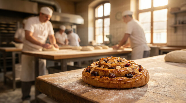 Rol de canela con almendras en panader&iacute;a artesanal con panaderos trabajando