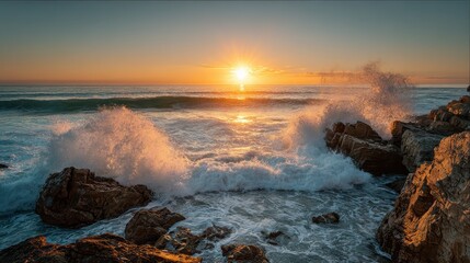 A wave crashing on rocks