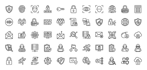 Fototapeta premium Cybersecurity line icon set. Vector pictograms of shield, padlock, fingerprint, hacking, and encryption, thin linear illustration.
