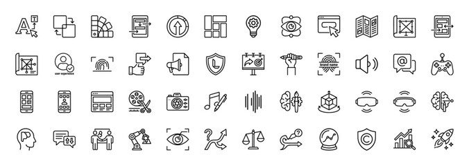 Creative and technology line icon set. Vector pictograms of design, user experience, brand, robotics, and virtual reality, thin linear illustration.