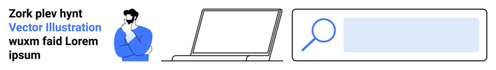 Obraz premium Online search, information retrieval, data analysis, browsing, user interface design, digital work. Illustration of laptop, person pondering and a search bar. Online search and information retrieval