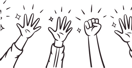 Black and white line drawing of four raised hands and fists