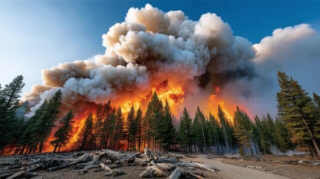 Raging Inferno: A formidable wildfire engulfs a forest. Embers and smoke billow into the sky, against a backdrop of the sky. This image captures the raw power of the fire.