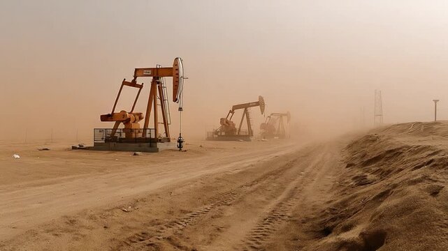 Desert Oil Extraction: Oil pumps tirelessly extract from beneath the desert. The scene captures the raw power of industry meeting the stark beauty of nature.